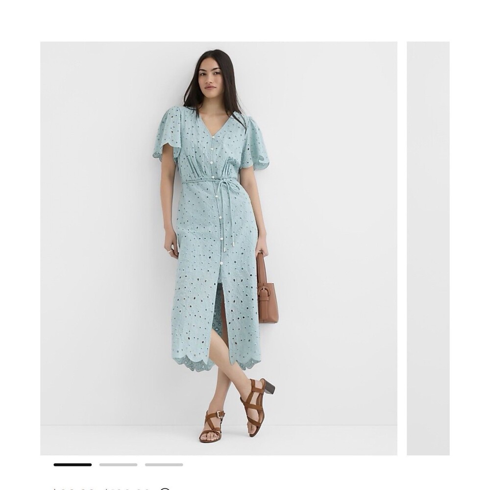 Loft Scalloped Eyelet Midi Pocket Shirtdress Size Extra Small Sea Glass